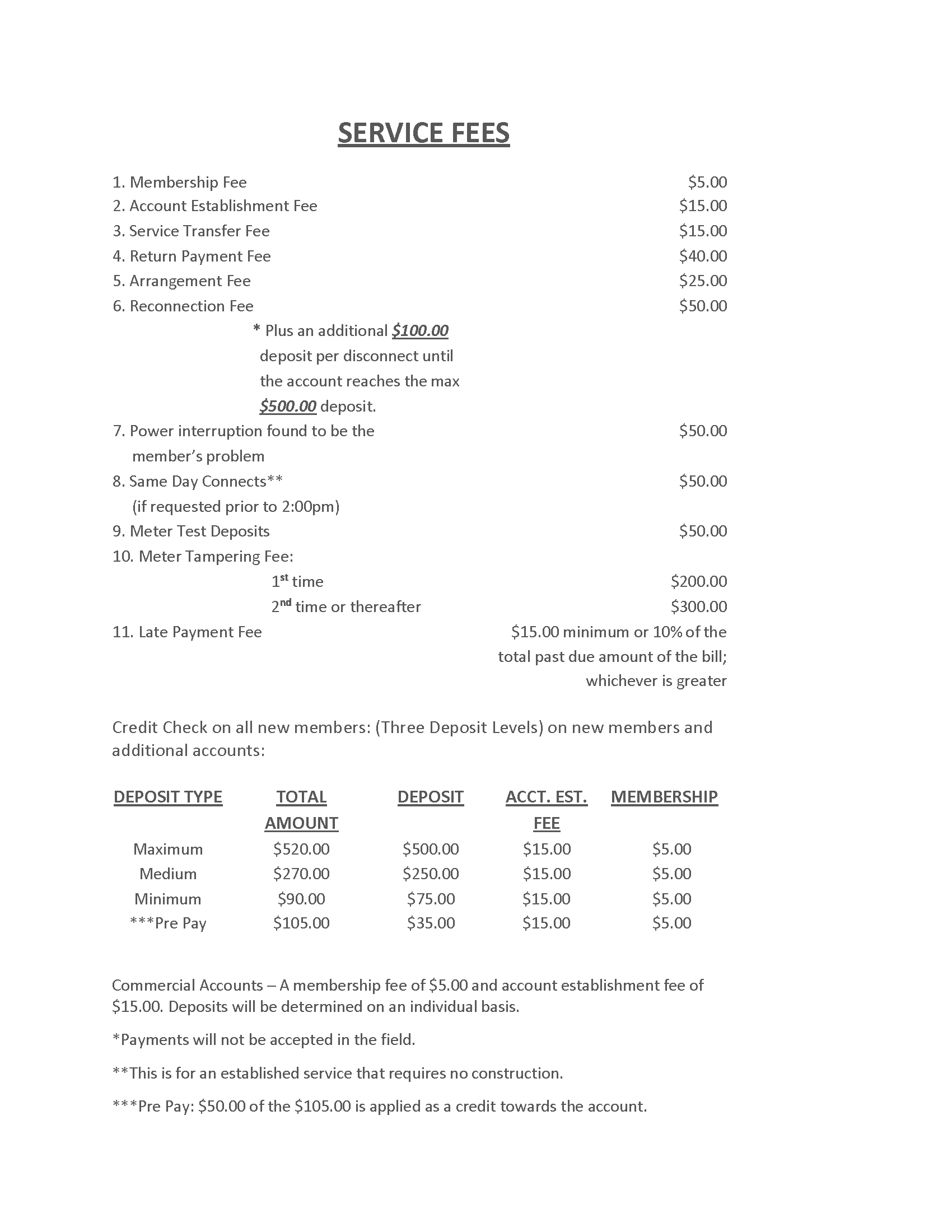 Canoochee EMC Service Fee Schedule